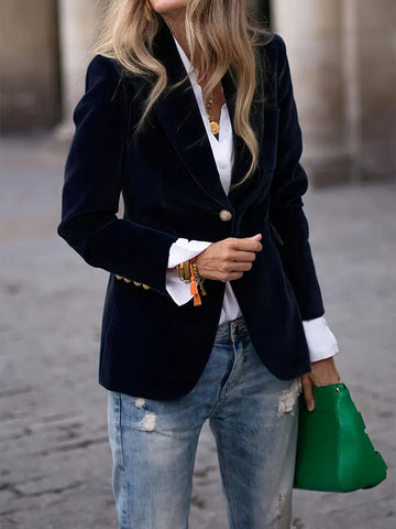 Women's Tailored Blazer with Gold Buttons and Sharp Lapels