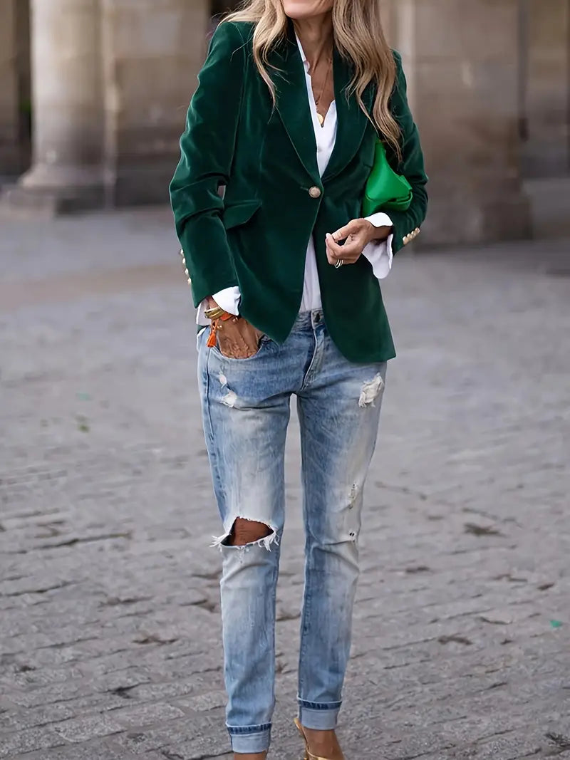 Women's Tailored Blazer with Gold Buttons and Sharp Lapels