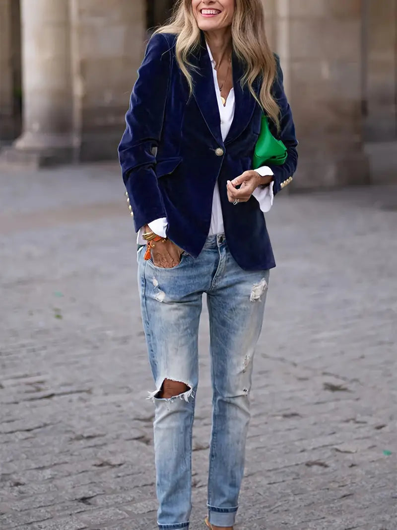 Women's Tailored Blazer with Gold Buttons and Sharp Lapels