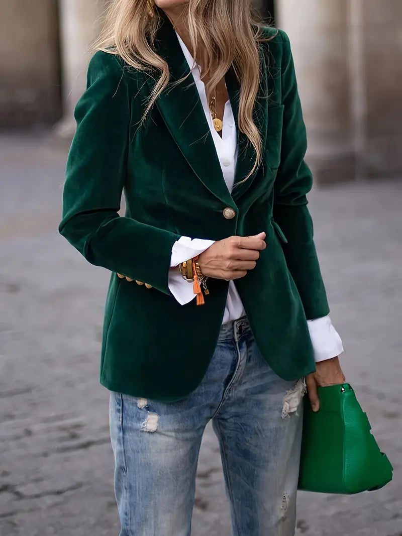 Women's Tailored Blazer with Gold Buttons and Sharp Lapels