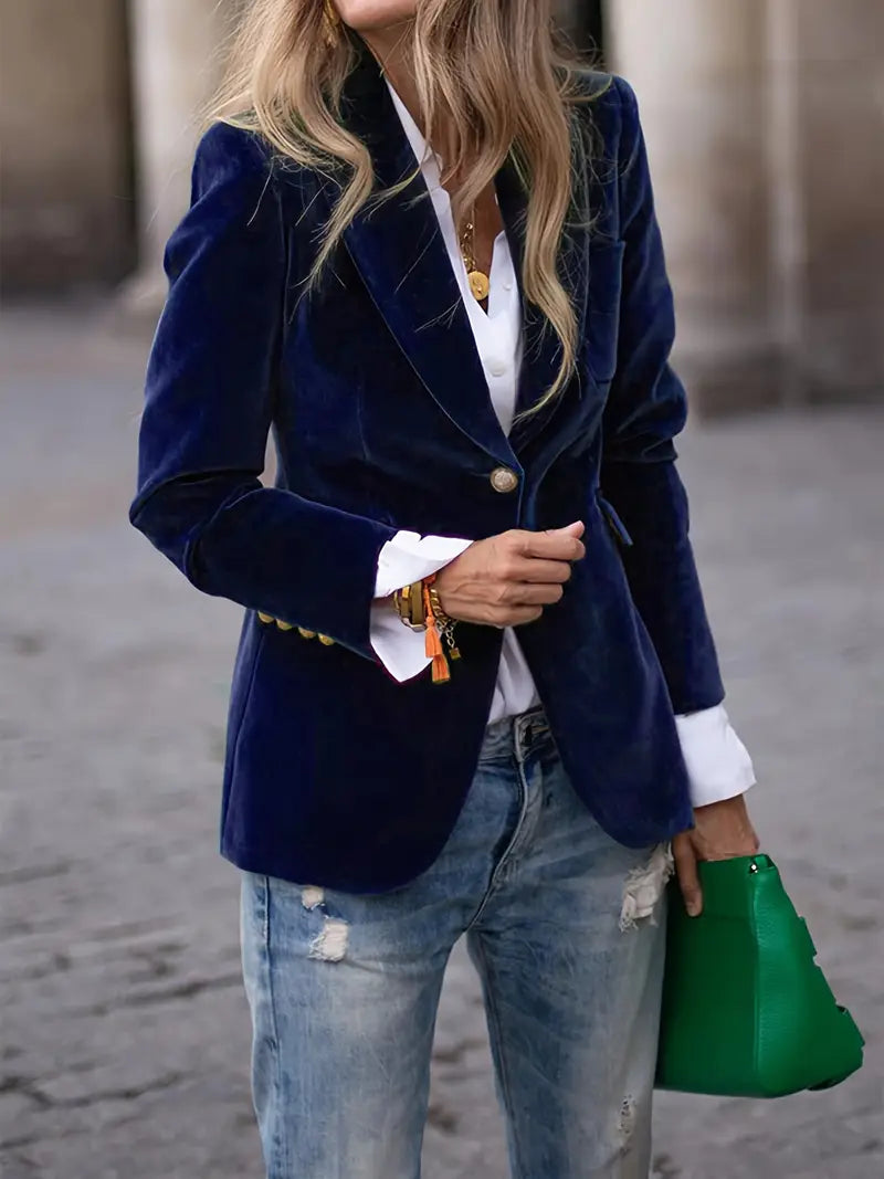 Women's Tailored Blazer with Gold Buttons and Sharp Lapels