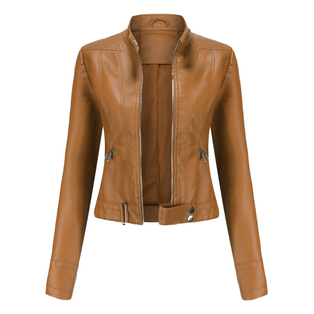 Women's Leather Jacket with Zip Closure High Collar and Belt