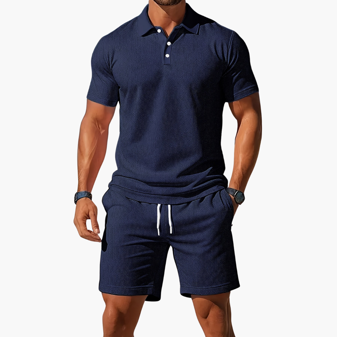 Men's Short Sleeve Polo and Shorts Set with Drawstring Waist
