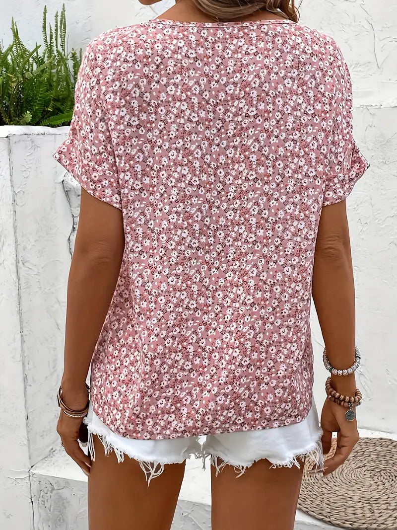 Women's Short-Sleeve Floral Button-Front Blouse