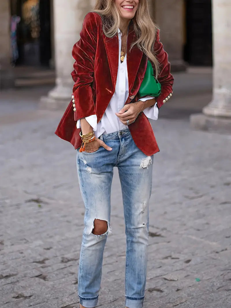 Women's Tailored Blazer with Gold Buttons and Sharp Lapels