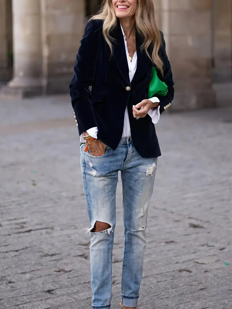 Women's Tailored Blazer with Gold Buttons and Sharp Lapels