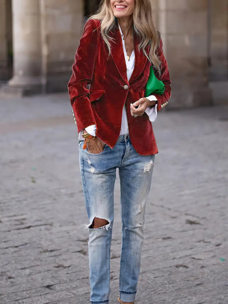 Women's Tailored Blazer with Gold Buttons and Sharp Lapels