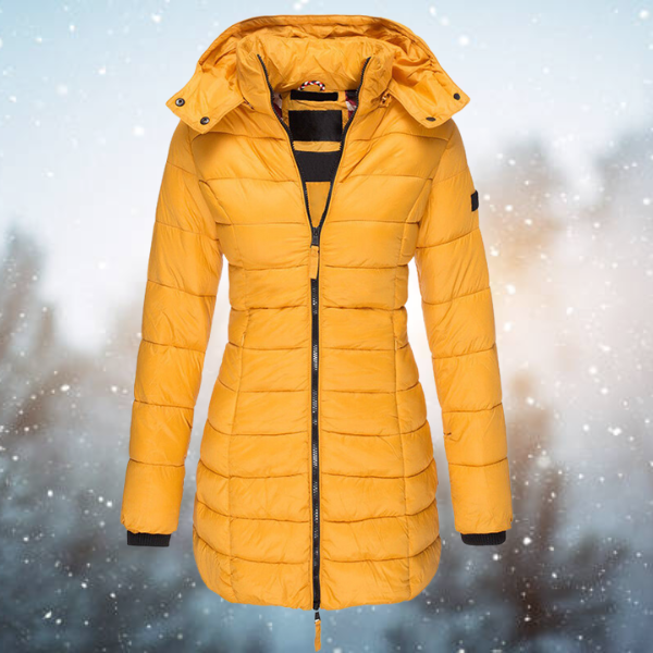 Women's Puffer Winter Jacket with Hood and Full-Length Zip