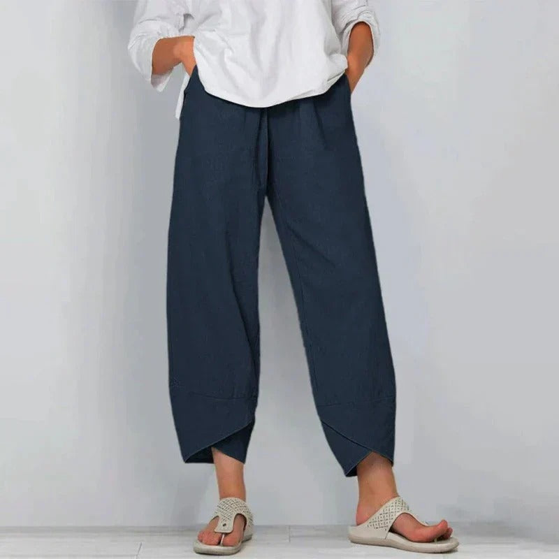 Women's Loose-Fit Cropped Pants with Overlap Hem Detail