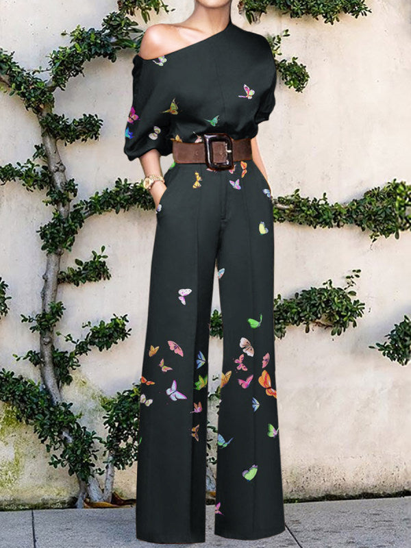Women's One Shoulder Wide Leg Jumpsuit with Artistic Print Design