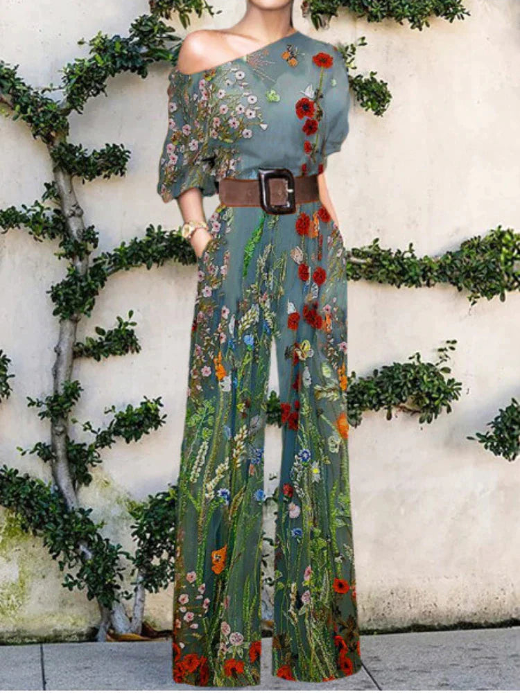 Women's One Shoulder Wide Leg Jumpsuit with Artistic Print Design