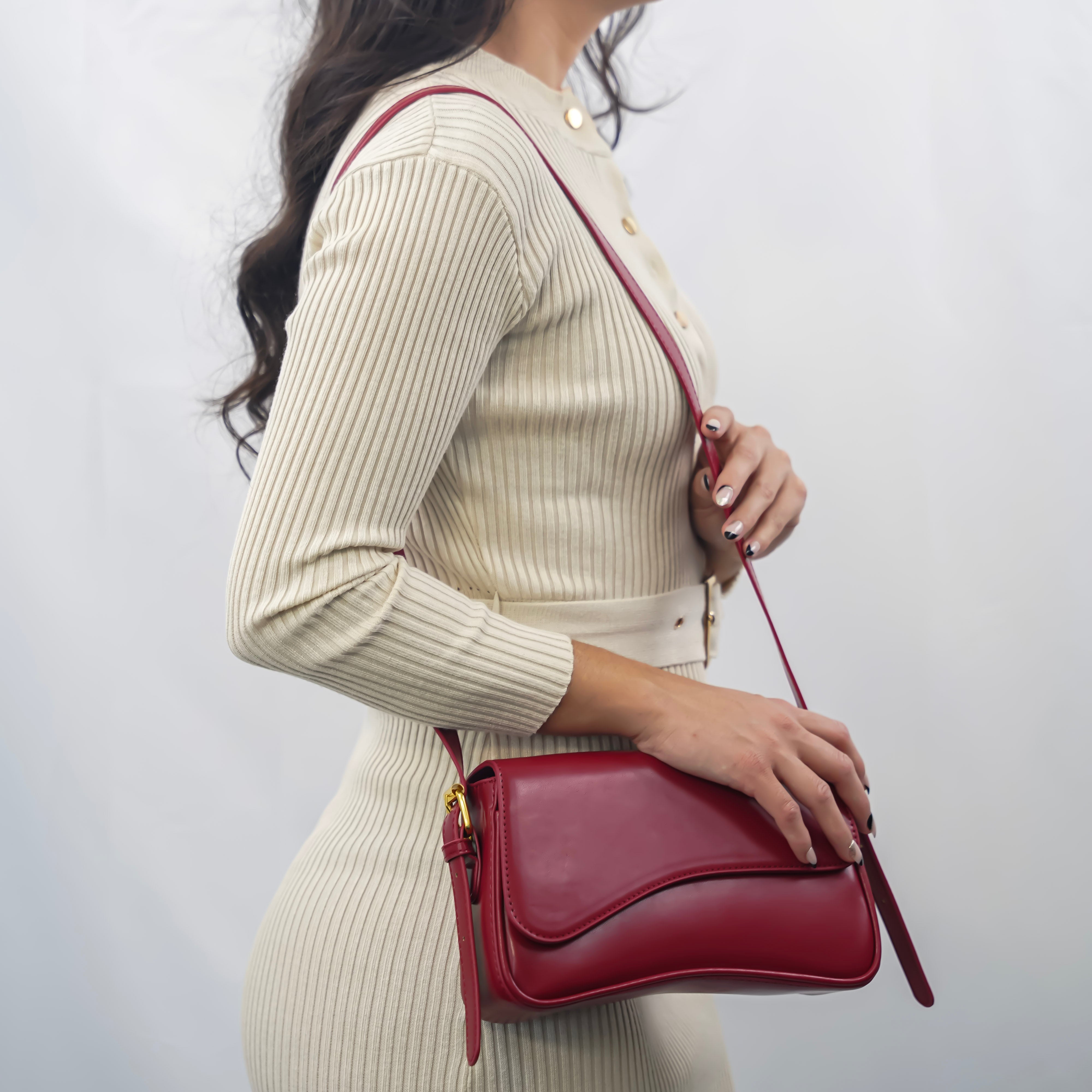 Women's Curved Flap Shoulder Bag with Adjustable Strap and Closure