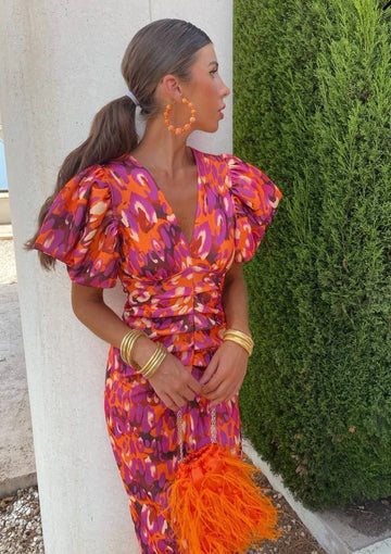 Women’s Midi Dress – Ruched Puff Sleeve Elegant Party Dress