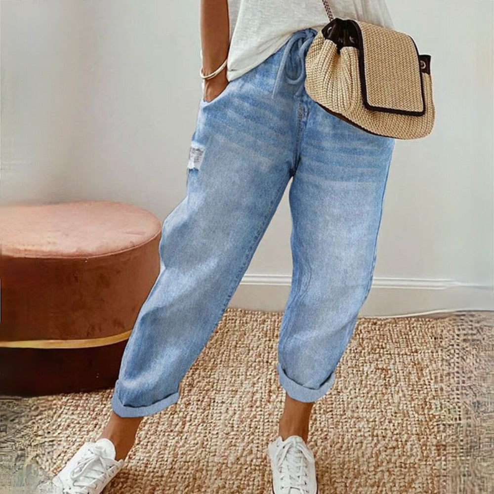 Women's Relaxed Fit Denim Trousers with Adjustable Waist and Pockets